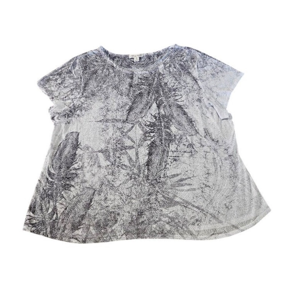 Coldwater Creek Womens 3X Grey White Paisley Feather Print Short Sleeve Tee Top